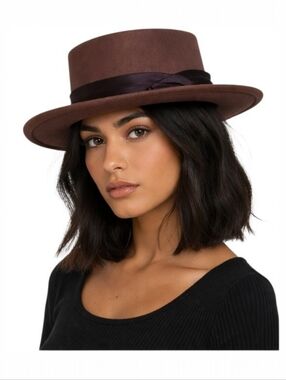 Vintage F & M Brown Wool Felt Hat Satin Band Chin Strap Boho Western 22”